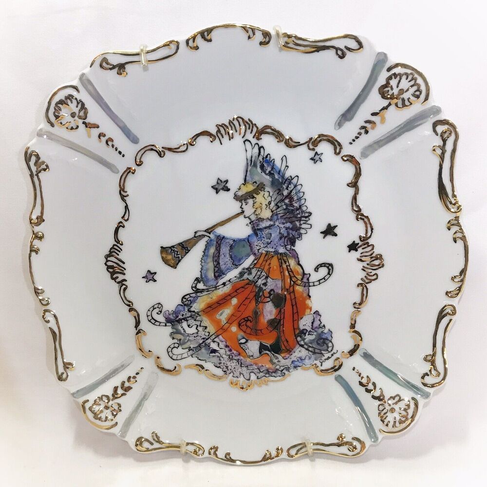 Artisan Crafted Angel Holding Horn Christmas Plate Hand Painted Artist Signed